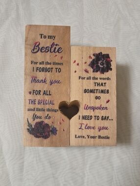Wooden Bestie Plaque Candleholder with Heart Cutout - Purple Floral
